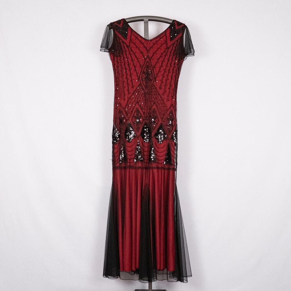 Whimsigoth Dark Fairy Maxi Dress MEDIUM Red Black Netting Beaded Sequins Sheer - Picture 2 of 8